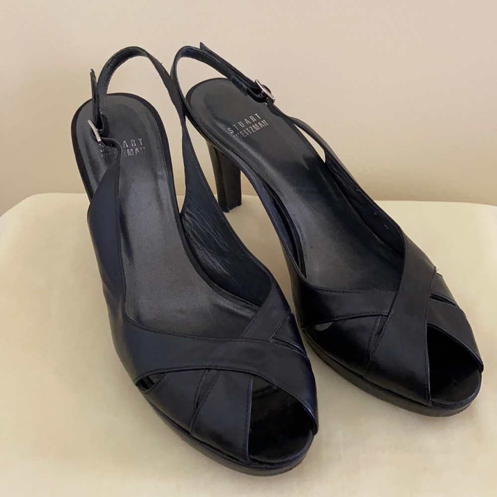 Stuart Weitzman Black Peep Toe Slingback Heels sz 9 Top Designer